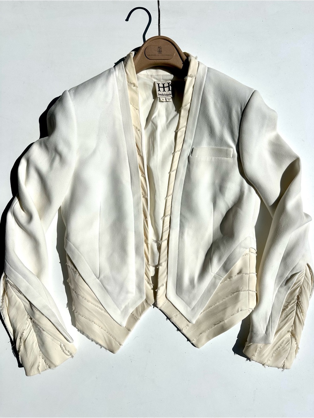 Haute Hippie White Open-Front Blazer with Silk Cream Layered detailing, 0
